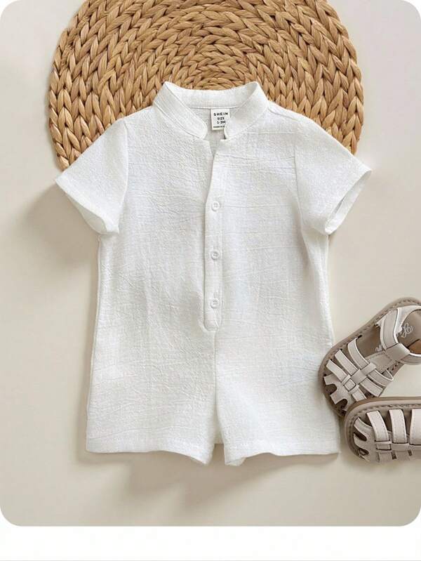 Baby Boy Cute Cartoon Short Sleeve Romper With Stand Collar, Suitable For Spring And Summer