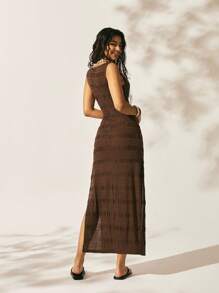 Easelle Vestido largo de punto casual y vintage con abertura para mujer, estilo nómada, sin mangas y entallado - Marrón - Ver 4
