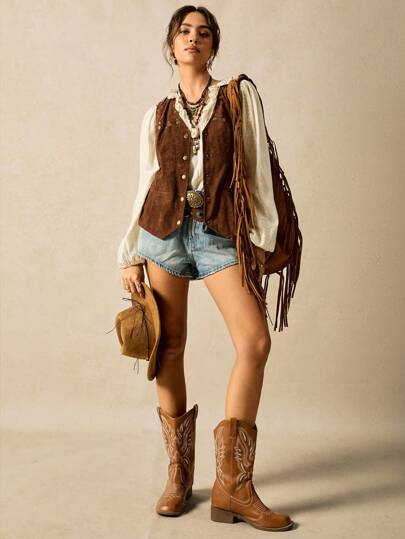 Easelle New Arrival Summer Women's Bohemian Style Vacation Vintage Nomad Rivet Decor Brown Vest For Women, Outdoor In Fall/Winter