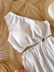 Vacation Style Teenage Petite Girl's Round Ring Cut-Out Shoulder Strap Dress, Korean Fashion - White - View 3