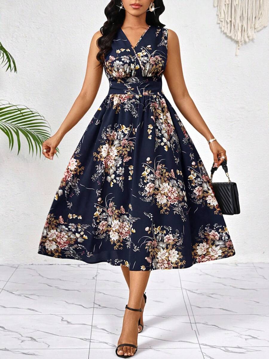 SHEIN Lady Đầm đi nghỉ dài vừa phải không tay cổ chữ V in hoa thanh lịch cho nữ - Nhiều màu - Xem 1