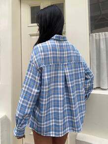 Sunnyshic Blue Plaid Print Loose Casual Comfortable Lightweight Shacket, Versatile For Spring & Summer - Blue - View 2