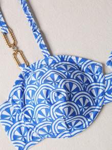 The White Lotus Swim Vcay 3pcs/Set Summer New Random Print Fashion Bikini Swimsuit & Beach Cover Up Skirt Set - Blue - View 10