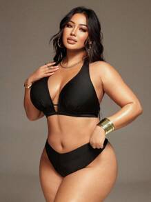 Swim SXY Conjunto de traje de baño de talla grande para mujer con escote en V y correa de cuello halter para vacaciones en la playa