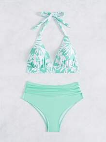 Swim Mod Women's Random Print Bikini Set For Summer Beach Vacation - Green - View 3