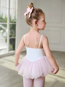 SHEIN 女童芭蕾舞裙套装，时尚优雅芭蕾舞服，粉色网眼舞蹈紧身衣带裙，短袖，蝴蝶结，四向拉伸，夏季