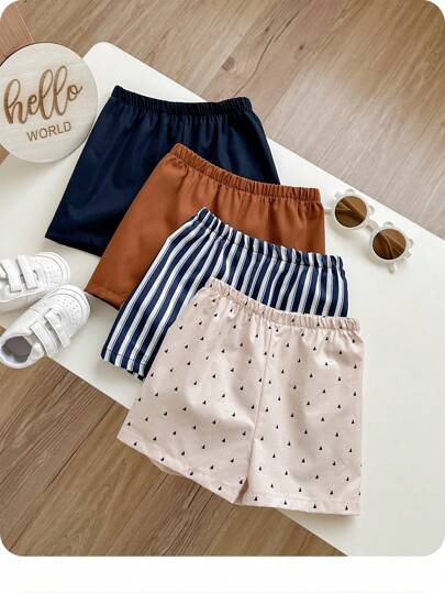 Baby Boy Baby Girl Colorful Vertical Striped Sailboat Pattern Solid Color Elastic Waist Casual Shorts 4pcs Set