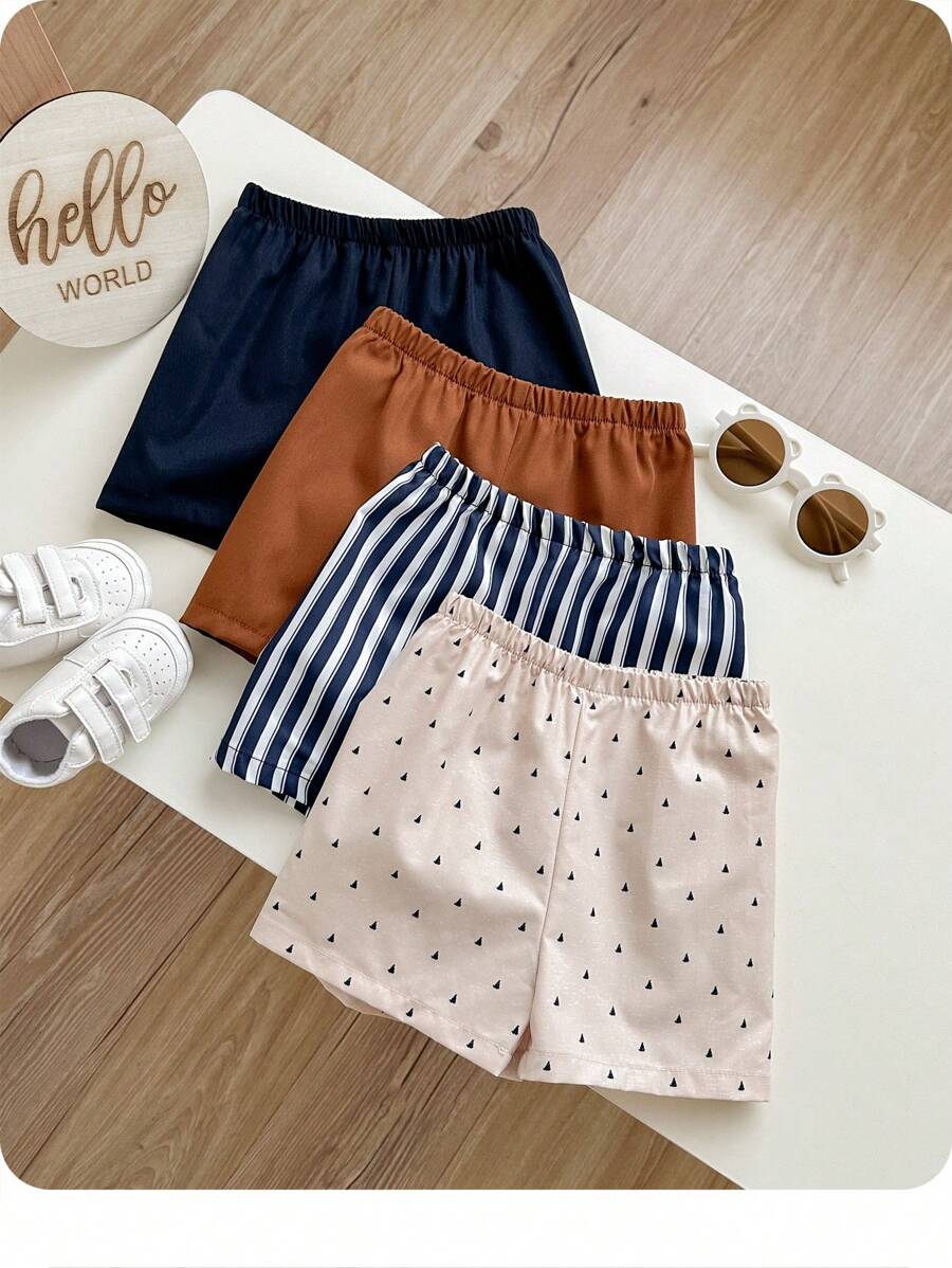 Baby Boy Baby Girl Colorful Vertical Striped Sailboat Pattern Solid Color Elastic Waist Casual Shorts 4pcs Set - Multicolor - View 1