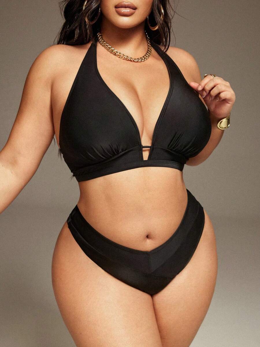 Swim SXY Conjunto de traje de baño de talla grande para mujer con escote en V y correa de cuello halter para vacaciones en la playa