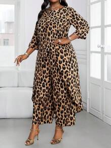 SHEIN Lady 春夏休闲优雅豹纹波西米亚风白色长款开衫衬衫阔腿裤大码西装 - 卡其色 - 查看 6