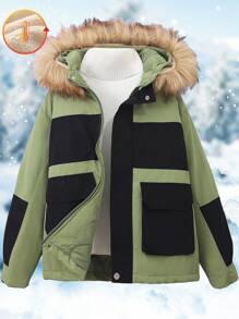 Boys' Contrast Color Zip-Front Furry Splice Casual Outdoor Padded Coat - Multicolor - View 1