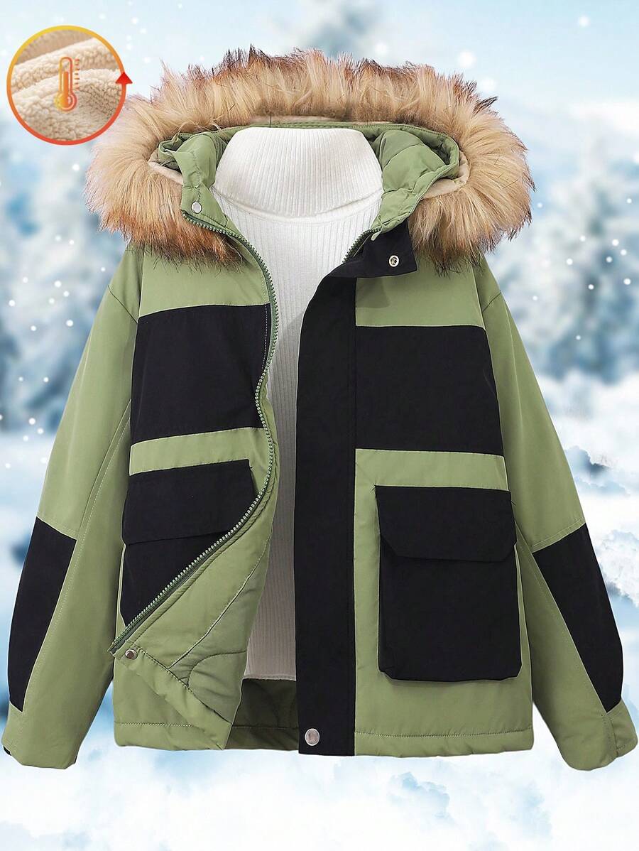 Boys' Contrast Color Zip-Front Furry Splice Casual Outdoor Padded Coat - Multicolor - View 1