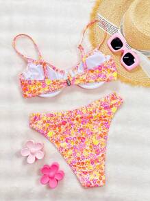 SHEIN Summer Women's Ditsy Floral Wire Rimmed V-Neck Strappy Ruched Back Snap Cute Casual Beach Bikini Two-Piece Swimwear Set - Multicolor - View 2