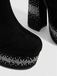 CUCCOO SZL 女士方头粗高跟鞋水钻渐变效果黑色绒面弹性时尚简约及膝长靴带拉链