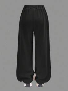 SHEIN Girlism Bộ quần dài ống rộng dệt kim in hình trái tim giản dị cho bé gái tuổi mới lớn - màu đen - Xem 8