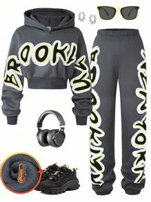 SHEIN 2 件套青少年女孩字母印花落肩连帽衫和运动裤 - 灰色 - 查看 1