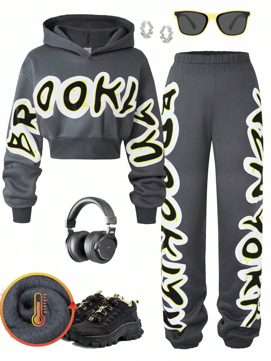 SHEIN 2 件套青少年女孩字母印花落肩连帽衫和运动裤 - 灰色 - 查看 1