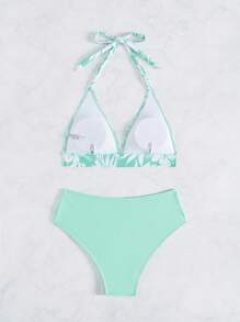 Swim Mod Women's Random Print Bikini Set For Summer Beach Vacation - Green - View 2