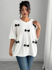 Elenzga Plus Size Women's Frenchy 3D Bow Detail T-Shirt - Black - View 4