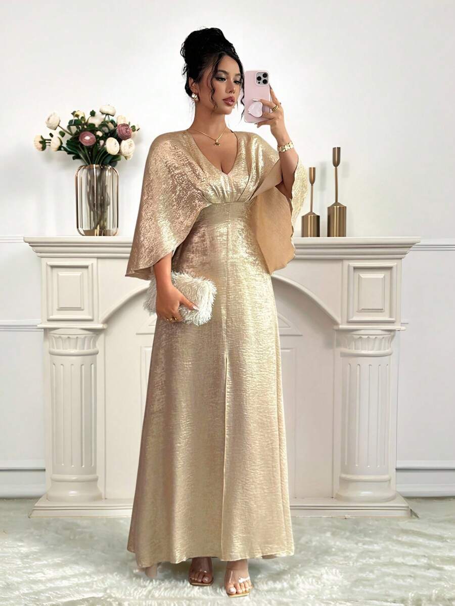 Elenzga 全新褶皱蝙蝠袖露背前开衩简约奢华设计优雅女士晚礼服 - 金色 - 查看 1