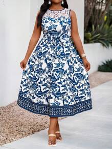 SHEIN Lady  Plus Size Elegant Floral Full Print Batwing Sleeve Dress,Beach Dress Sundress,Holiday Outfits Boho - Blue - View 1
