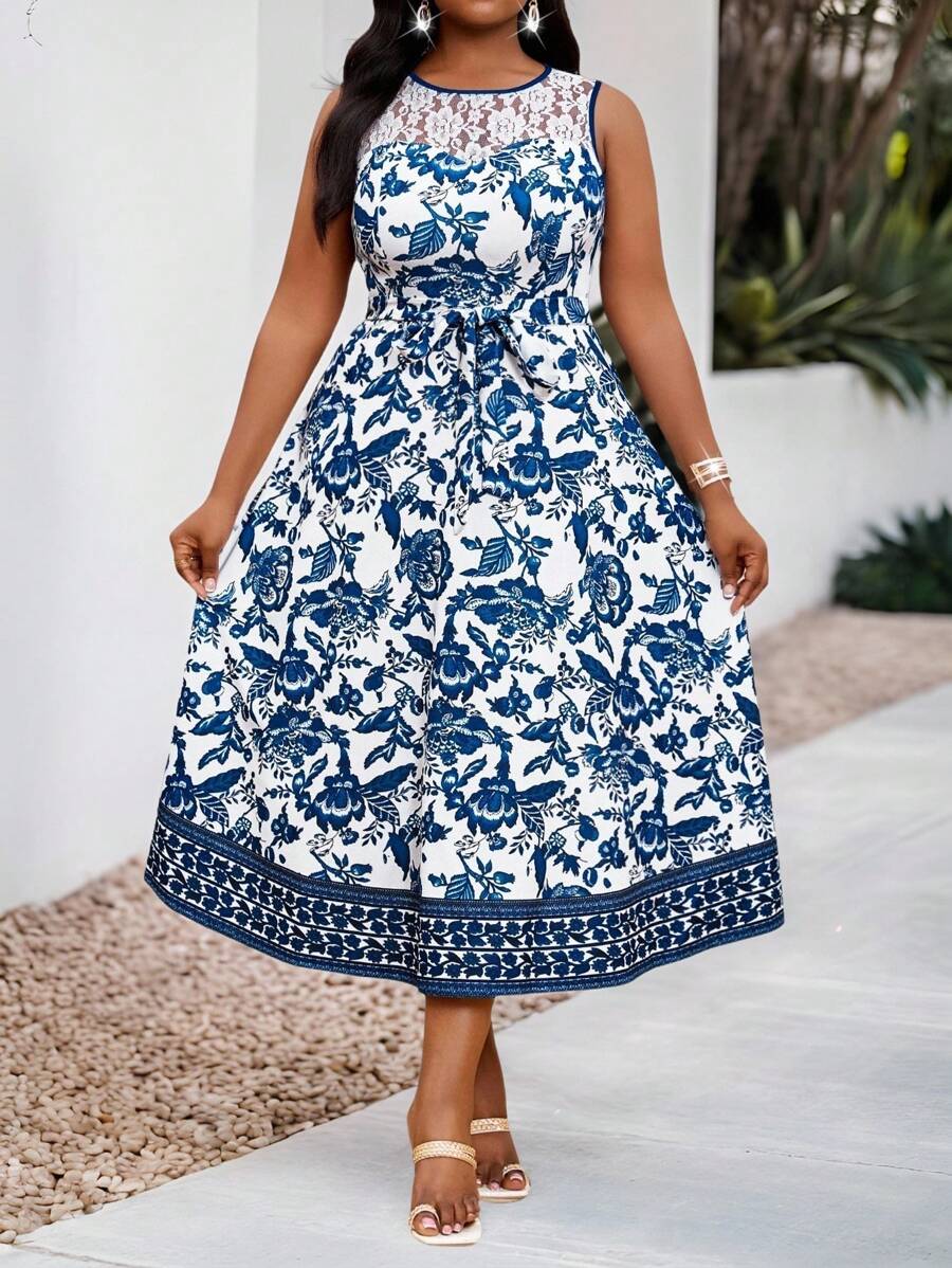 SHEIN Lady  Plus Size Elegant Floral Full Print Batwing Sleeve Dress,Beach Dress Sundress,Holiday Outfits Boho - Blue - View 1