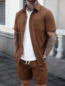 Manfinity CasualCool 2 件套：纯色纹理提花休闲时尚短袖衬衫 - 鏽棕色 - 查看 3
