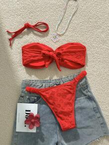 SHEIN Ensemble de bikini bandeau en tissu floral ajouré de couleur unie pour femmes, parfait pour les vacances d'été