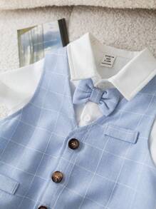 3 件套男婴夏季可爱绅士服装套装：格子背心、短裤、短袖衬衫（带领结），适合生日派对、洗礼、1 岁生日庆祝、正式场合、表演、婚礼 - 彩色 - 查看 4