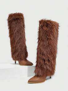 CUCCOO SZL 女士尖头高筒细高跟棕色毛茸茸腿靴，过膝长靴，时尚迷人性感火辣女士骑士靴，高筒靴 - 棕色 - 查看 6