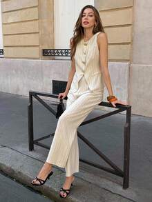 Pariaura 女士法式条纹背心和裤子两件套