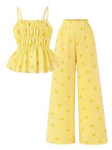 Sparklyn 条纹蝴蝶结吊带背心和直筒裤套装，适合少女夏季假日风格