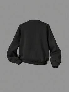 SHEIN Girlism Bộ quần dài ống rộng dệt kim in hình trái tim giản dị cho bé gái tuổi mới lớn - màu đen - Xem 11