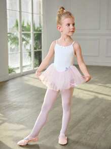 SHEIN 女童芭蕾舞裙套装，时尚优雅芭蕾舞服，粉色网眼舞蹈紧身衣带裙，短袖，蝴蝶结，四向拉伸，夏季