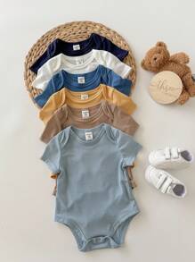 6件/套新生儿男女宝宝纯色短袖连体衣，轻薄透气，适合春夏穿着，基础款连体衣多件装，可内搭或外穿