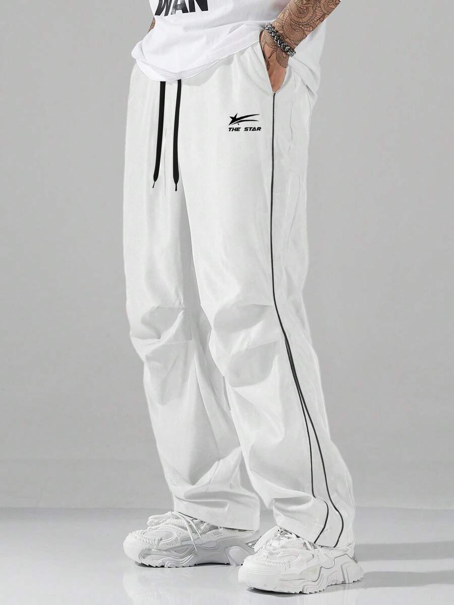 Manfinity Hypemode Quần dài thường ngày in chữ có dây rút viền màu tương phản - trắng - Xem 1