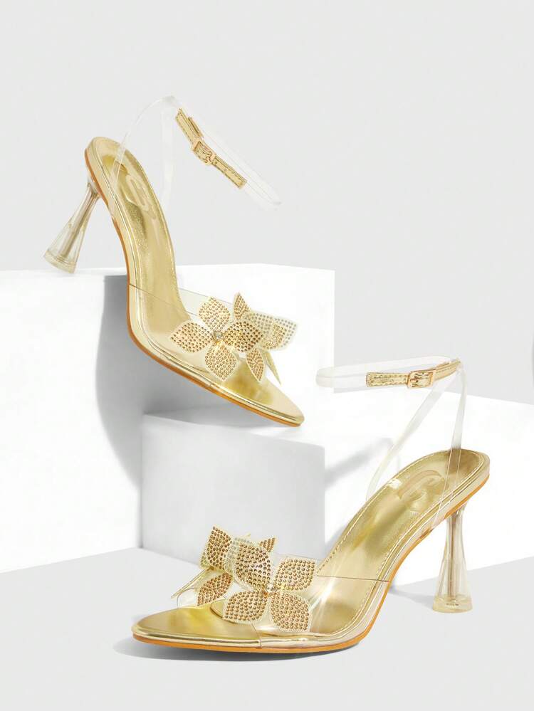 CUCCOO SZL Women Gold Pointy Toe PVC Open Toe Ankle Strap Rhinestone Floral Transparent Stilettos Slip On Sandals For Christmas Spring Shoes Prom Heels