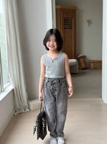 SHEIN Young Girl 4-Piece Set Barrel Baggy Jeans, Asymmetric Elastic Waistband, Button Closure, Casual Simple All-Match College Style, Versatile Must-Have For Moms All Year Round - Multicolor - View 5