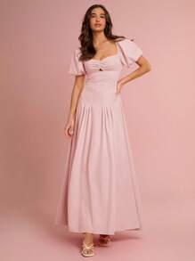 Enchnt 女式度假风格纯色锁眼领泡泡袖胸前褶皱连衣裙 - 淺粉色 - 查看 6