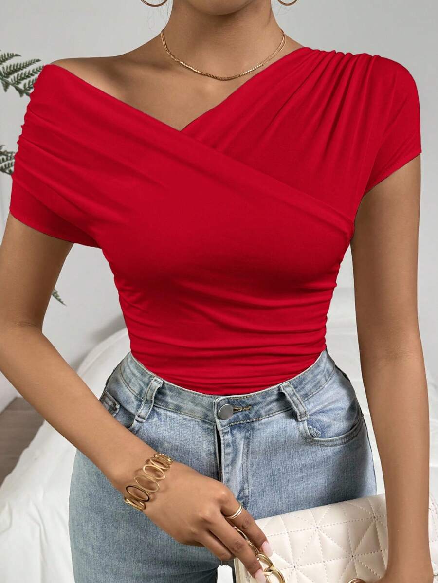 Firerie Tricou elegant pentru femei, culoare solidă, cu guler asimetric, înfășurat, de vară - roșu - Vizualizare 1