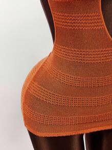 Amplova Crocheted Triangle Cup Asymmetric 3D Floral Decor Bodycon Mini Dress Orange Dress - Orange - View 4