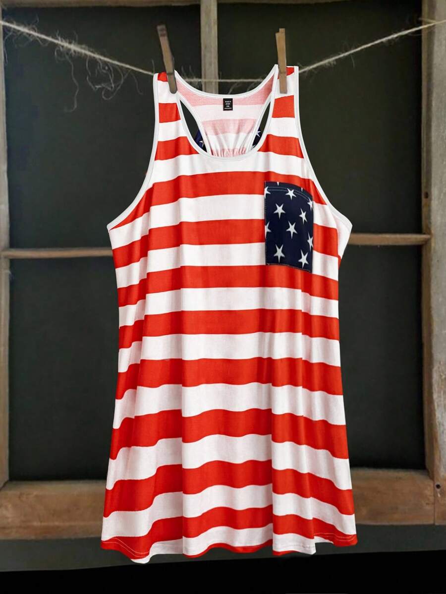 SHEIN LUNE Plus Size Women USA Flag Print Round Neck Sleeveless With Pocket Casual Fashion Versatile Loose Fit Summer Vacation Comfortable Tank Top, For 4th Of July