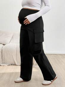 SHEIN Fall Clothes Maternity Solid Flap Pocket Cargo Black Pants  Going Out Outfits - Black - View 7