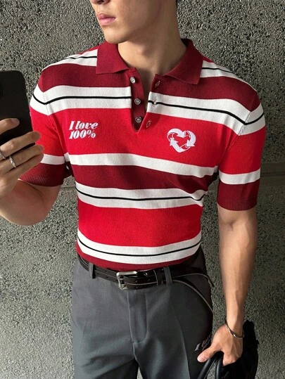 Manfinity VCAY Men's Casual Fashion Knit Short Sleeve Red And White Polo Shirt