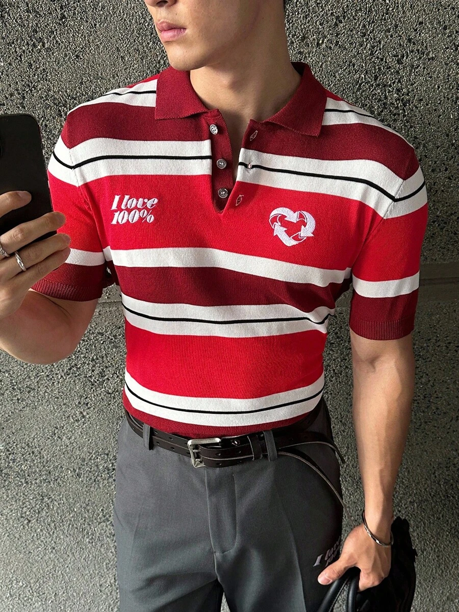 Manfinity VCAY Men's Casual Fashion Knit Short Sleeve Red And White Polo Shirt - Red - View 1