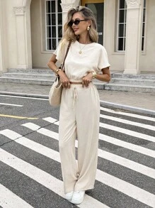 Serisse Batwing Sleeve Crop Top & Drawstring Waist Pants Textured Fabric Two Pieces Summer Casual - Apricot - View 3