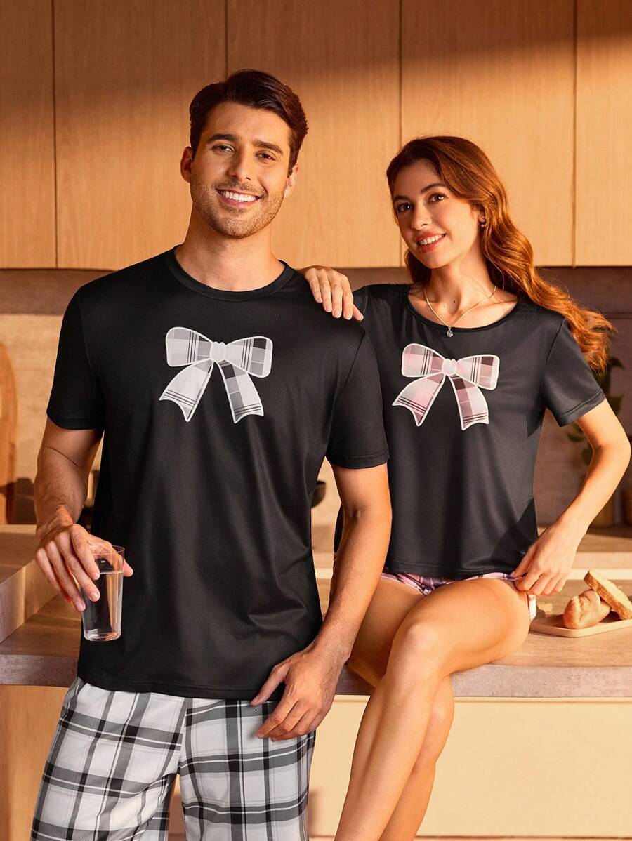 Set di pigiama a quadretti con papillon carino da uomo, abiti casual da casa per coppia