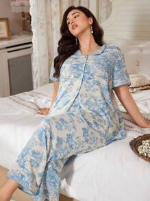 CottageSlumber 中国山水印花翻领家居服套装，加大码夏季睡衣套装，服装 - 淺藍色 - 查看 6