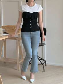 DAZY Women's Patchwork Contrast Color Round Neck Short Sleeve Casual Knit Top, Summer - Black - View 5