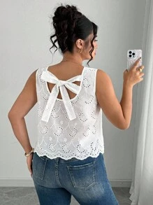 Elenzga Plus Size Summer Casual Solid Color Hollow Embroidered Sleeveless Shirt White Eyelet Top Eyelet Summer Top Women Summer Top Crochet Top Tie Back Top - White - View 4